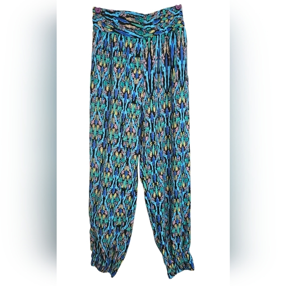 GAIA Boho Abstract Print Harem Style Pants In  Blue/green Multi. Size S/M